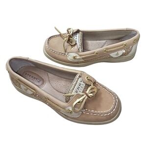 Sperry Top-Sider Boat Shoes Women 5 Beige Leather Glitter Slip On Nautical